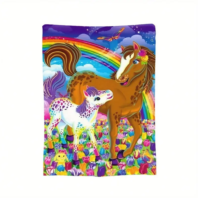 Vintage Lisa Frank Style Rainbow Tulip Horse & Foal Flannel Blanket, 90s Nostalgia Kidcore Floral Cozy Throw for Dorm Bedroom Kids Decor,Flannel Blanket,Christmas Gift,Christmas