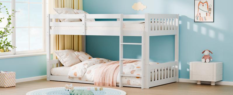 JOYMOR Solid Wood Low Twin Over Twin Bunk Bed for Kids/Junior, Bunk Bed Frame with Guardrails & Ladder for Boys Girls, No Box Spring Needed JOYMOR Solid Wood Low Twin Over Twin Bunk Bed for Kids/Junior, Bunk Bed Frame with Guardrails & Ladder for Boys Girls, No Box Spring Needed