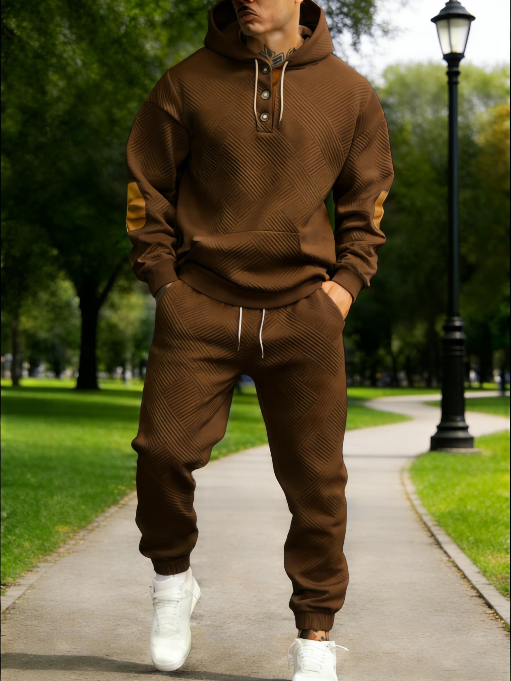 Men's two-piece textured hoodie tracksuit with a geometric pattern sweatshirt and contrasting elbow patches, casual street style, soft and comfortable 2026 fashion loungewear