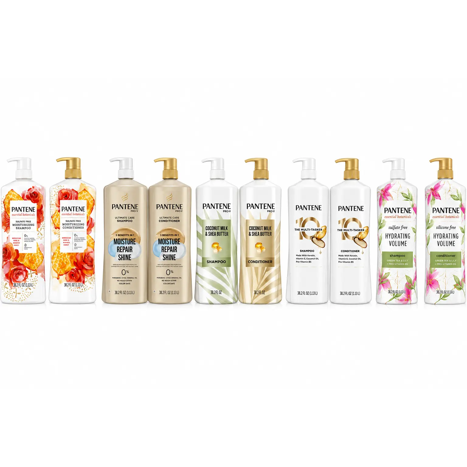 Pantene Haircare Shampoo & Conditioner Set - 2-Pack 38.2 fl oz Pump Bottles, Honey Coconut Shea Moisturizer Formulas (Choose Your Option), Green Tea