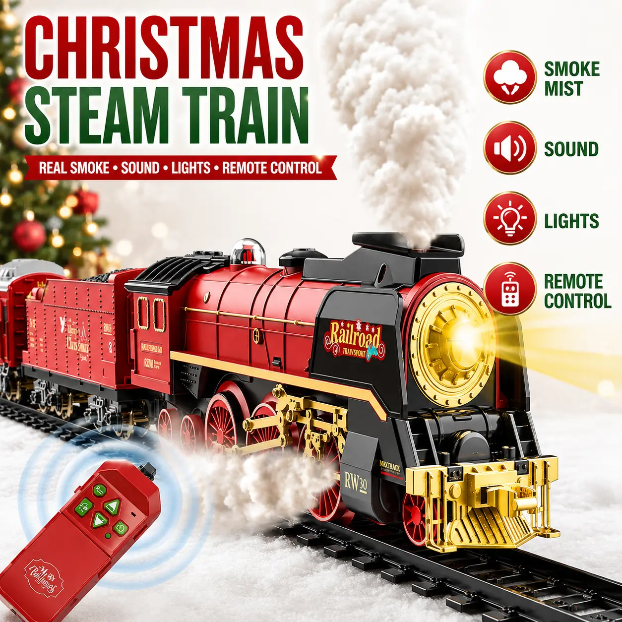 Retro RC Train Railway Toy - Collector's Edition, 2 Lights, Silent, Realistic Sound, Honking, Water Smoke Spray, Realistic Steam Smoke Sparks Wonder, Rechargeable Battery, Remote Control, Boys Girls 3+ Christmas Gift (Toys & Hobbies Electric Model), Train