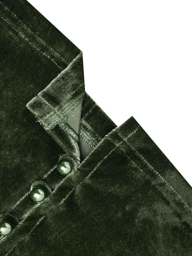 1940s Deep V-Neck Pearl Velvet Dress with Fur Buttons Vintage Casual Polyester Green Womenswear