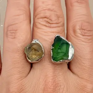 Green & Yellow Sea Glass Ring - Adjustable Upcycled Silver Spoon Band