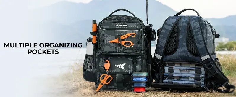 Front and rear views of organizing pockets and lower tackle storage