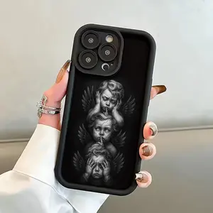 A Beautifully Designed Phone Case for iPhone 17 16 15 14 13 12 11 PRO MAX PLUS,AIR Mini SE and iPhon Featuring Mystical Cherubs Embodying The Themes of See-No-Evil, Hear-No-Evil, And Speak-No-Evil. It Has a Fine Matte Black End, Offers a Comfortable Grip