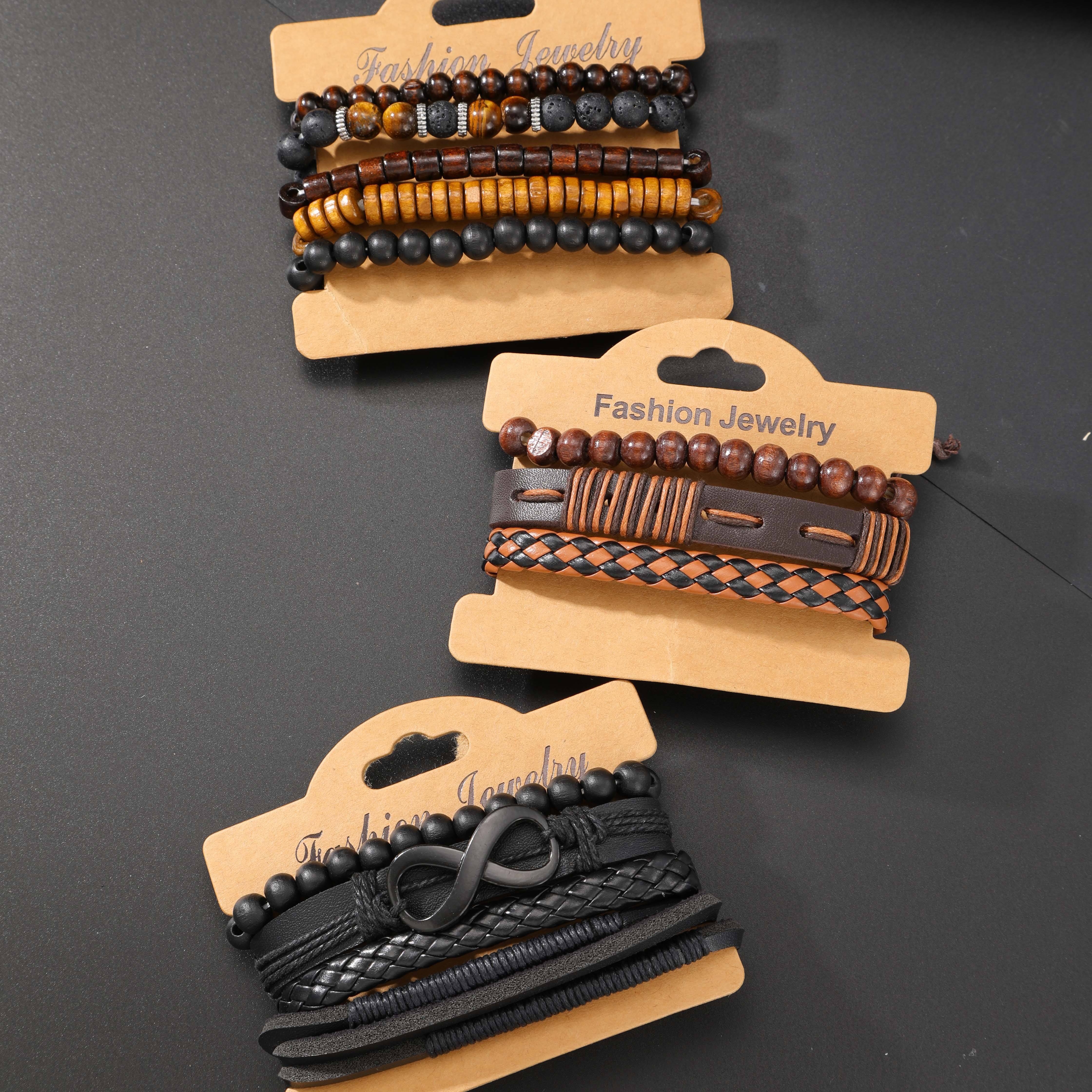 12Pcs/Set Vintage Men Artificial Leather Beads Bracelets - Bohemian Ethnic Men's Tiger Eye & Moonstone Beads, Braided Leather & Synthetic Fiber Cord Stackable Bracelets Fashion Jewelry for Casual & Party Versatile Daily Wear