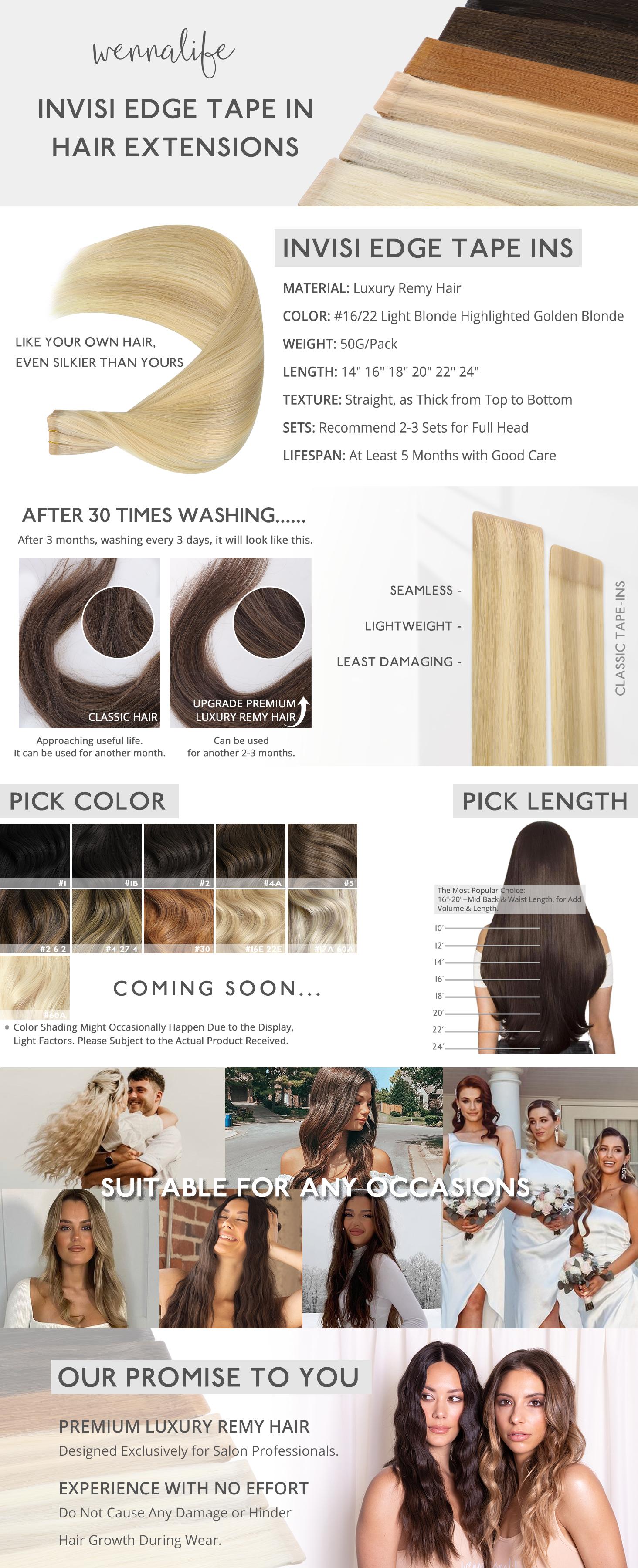 WENNALIFE Invisi Edge Tape in Hair Extensions Human Hair 14-24 Inch 50g 20pcs (MIX Includes 10pcs Invisi Edge & 10pcs Classic) Natural Black Invisible Luxury Remy Hair Natural Tape Ins Straight #SpringStatements