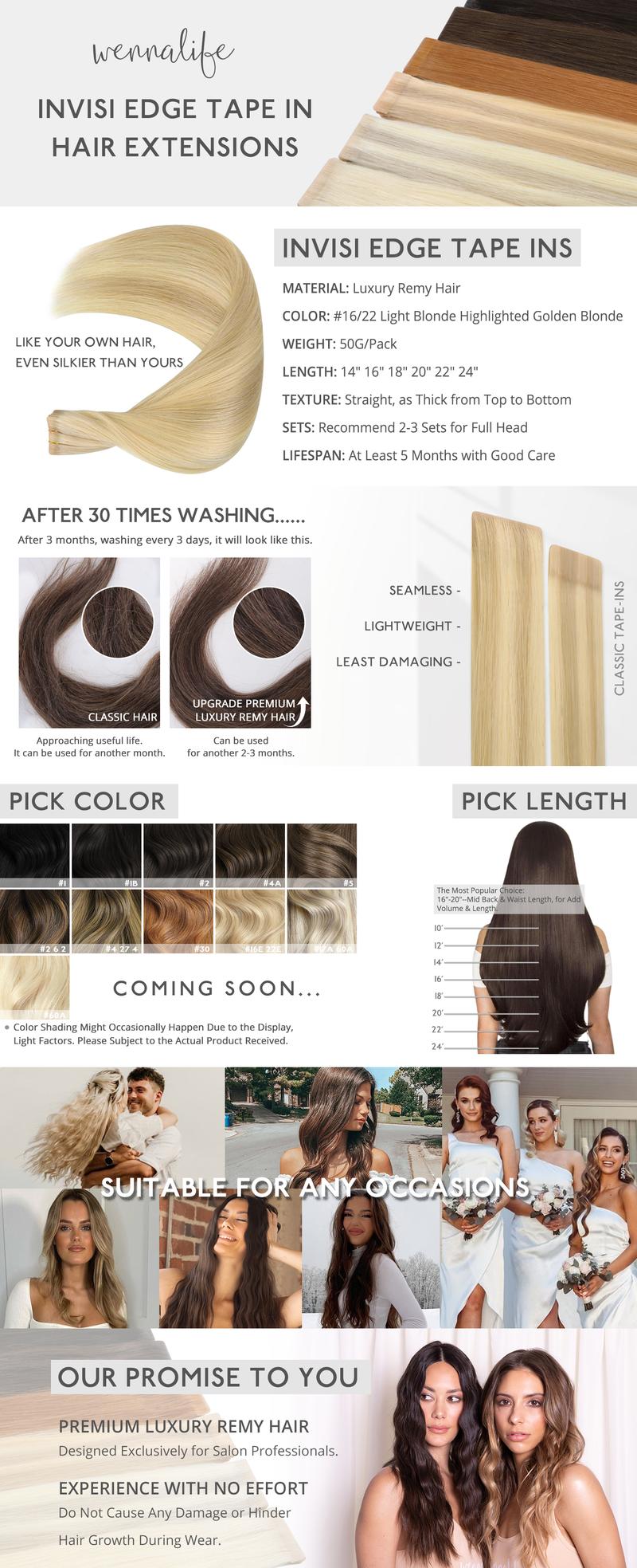 WENNALIFE Invisi Edge Tape in Hair Extensions Human Hair 14-24 Inch 50g 20pcs (MIX Includes 10pcs Invisi Edge & 10pcs Classic) Natural Black Invisible Luxury Remy Hair Natural Tape Ins Straight