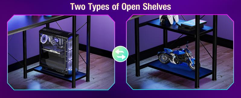 48 inch Gaming Desk with LED Lights & Power Outlets, Computer Desk with Monitor Stand & Storage Shelves, CPU Stand, Home Office Desk