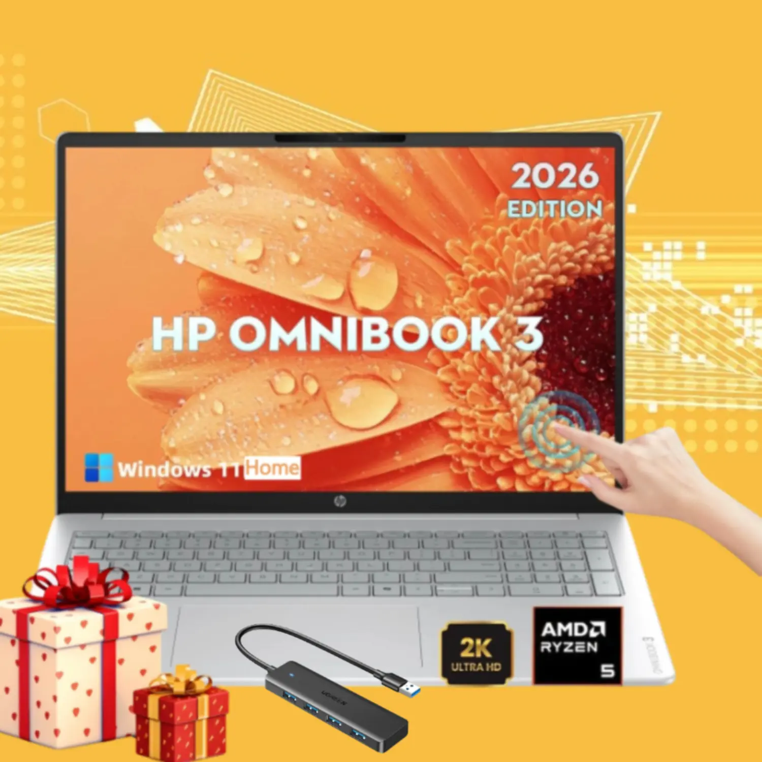 HP OmniBook 16'' 2K IPS Touchscreen Laptop 2026 Edition, AMD Ryzen 5 40, Up To 8GB RAM, 512GB SSD, Radeon 610M Graphics, FHD Camera, Copilot AI, Windows 11 Home, For Business Use, Bundle Accessories