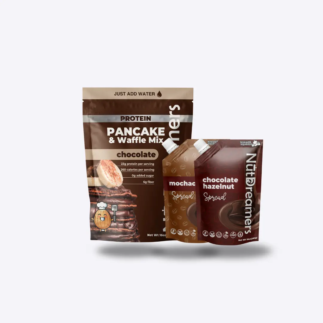 Chocoholic Morning Bundle - High Protein Chocolate Pancake Mix, Hazelnuts Incl. Chocolate Hazelnut Spread, Mochaccino Spread, Rich Cocoa Flavor, No Sugar Added, Sweet Assortment, Summerwins Fruit Beverage (Pouch Packs)