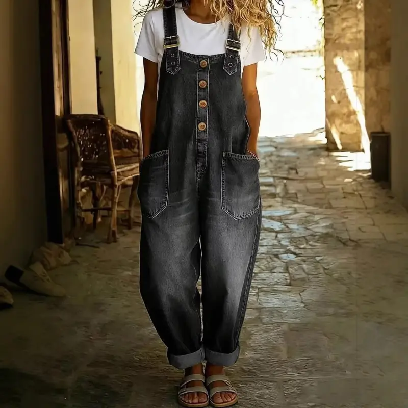 Women's Retro Denim Overalls, Loose-Fit Distressed Casual Jumpsuit, Full-Length with Adjustable Buckles, Jumpsuits For Women, Overalls For Women