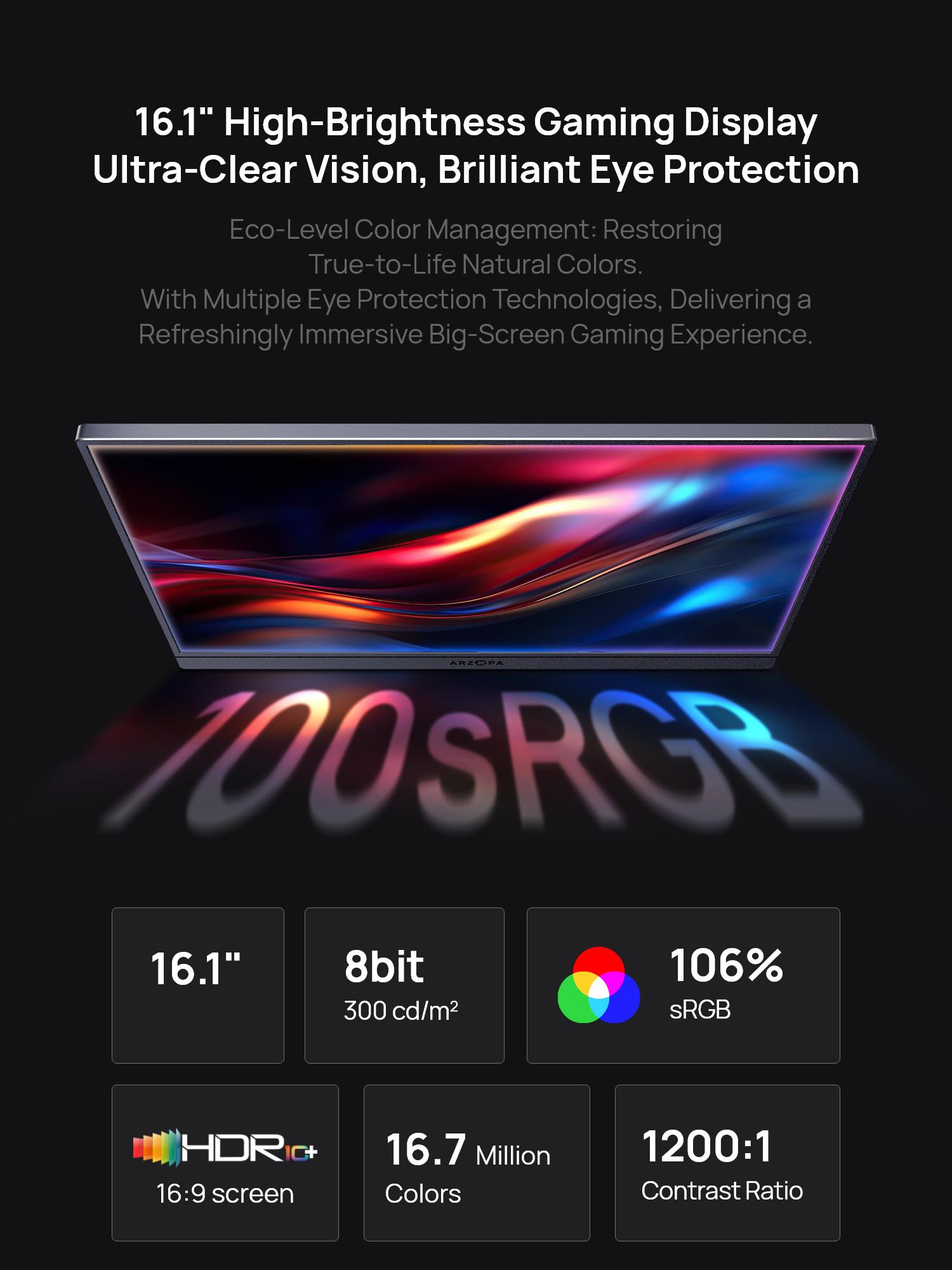 ARZOPA 16.1" 144Hz Gray Portable Gaming Monitor 100% sRGB 1080P FHD Ultra Slim External Second Screen Portable Monitor Display for PS5 Xbox Switch2 Laptop PC Mac