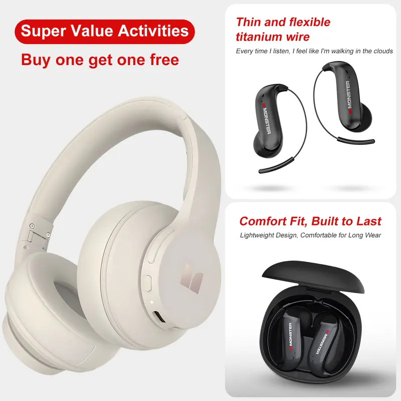 Monster Over-Ear Headphones & EarBuds Bluetooth Combo – Deep Bass, Clear Sound, Noise Cancelling Mic, Zero-Gravity Titanium Ear-Hook, Noise Isolation,Waterproof, 165H Playtime, Foldable Wireless Headset for Travel, Work - TikTokShopBackToSchool, Electroni