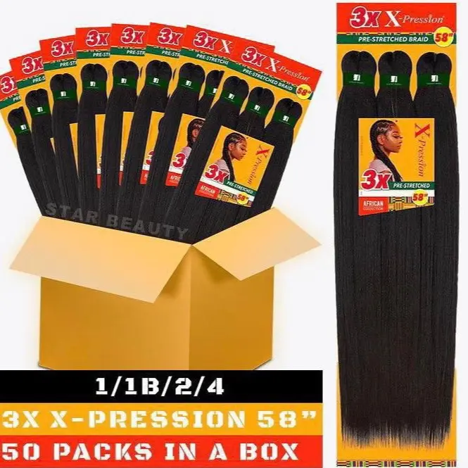 Star Beauty 3X X-Pression 58" Pre-Stretched Braid 1/1B/2/4 50 Packs in a Box African American Hair Extensions Star Beauty 3X X-Pression 58" Pre-Stretched Braid 1/1B/2/4 50 Packs in a Box African American Hair Extensions