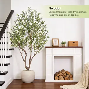 Exquisite artificial olive tree, 7 feet/8 feet tall, with a 16-inch round white pot, decorated with delicate moss, artificial plants, a natural wood trunk, and lifelike fruit. Ideal for home and office decor.