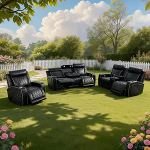 Aainehome Black Breathable Leather 3-Piece Living Room Functional Sofa Set Luxury LED Recliner Charging Electric