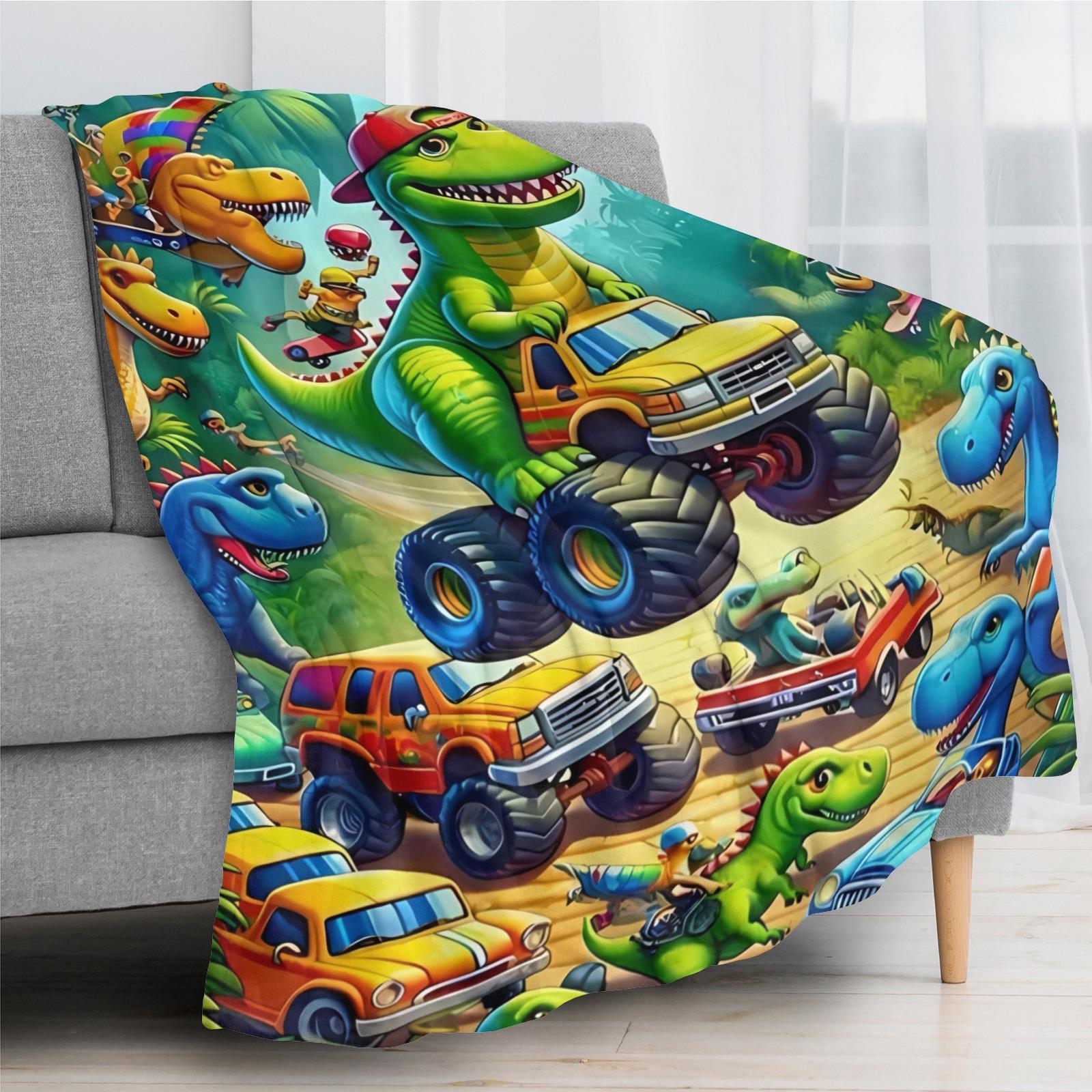 Soft and Fun Cartoon Dinosaur Pattern Blanket, Comfortable Dinosaur Truck Plush Blanket, Perfect for A Cozy Nap or Afternoon Nap in The Bedroom.