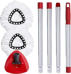 Spin Mop Head, Base, Handle Replacement Parts Suitable for Microfiber Spin Mop, 2 Microfiber Mop Refills, 1 Triangular Mop Head Cover, and 30- 58inch Handle Set Combination (White (1 Water Tank System))