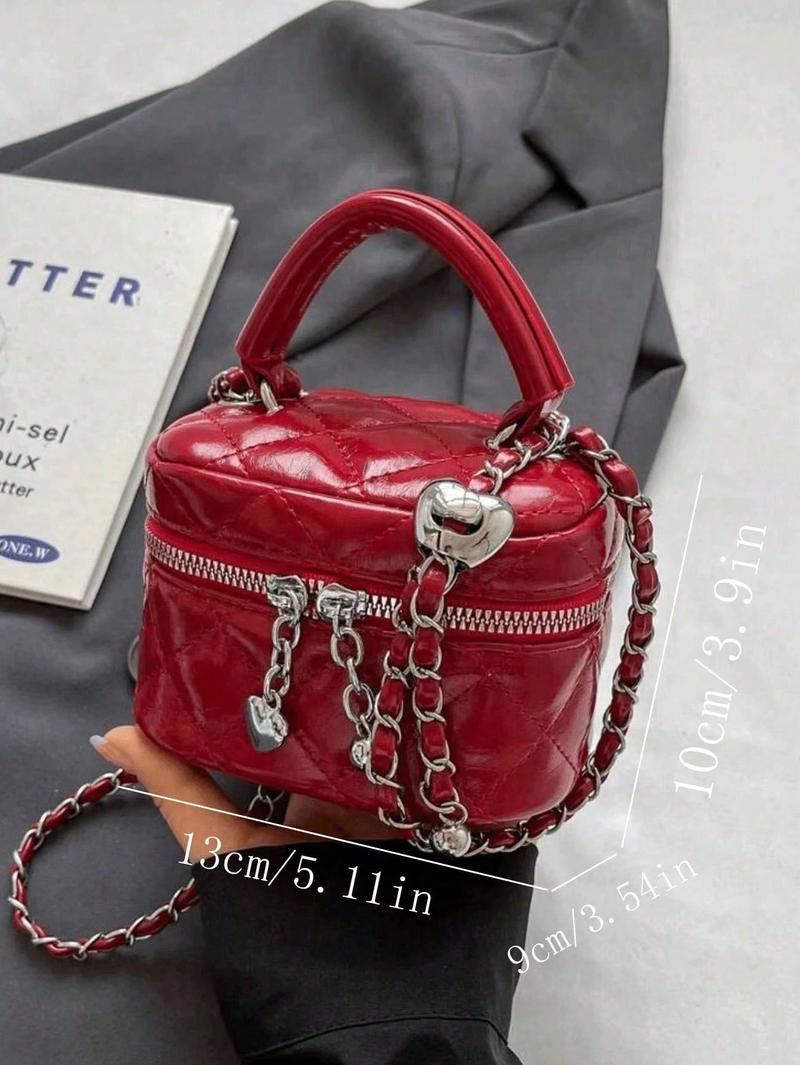 Mini Women's Handbag - Solid Red Quilted Crossbody Bag with Heart Charm Zipper, Chain Strap, and Top Handle, Cute Card/Key Coin Purse, Y2K Style Bag for Daily/Shopping/Travel