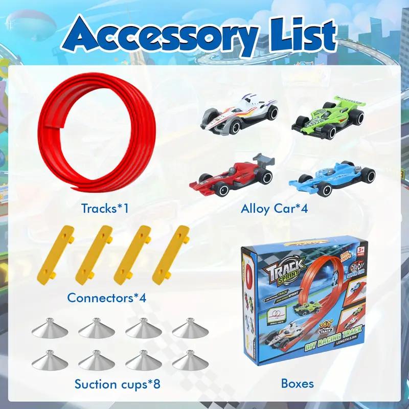Flexible Race Car Track set - 15ft roll-Up Track with 4 Mini Cars & Suction Cups | Compitable with Hot Wheels & Diecasr Vehicles , Portable Indoor Racing Toy for Kids