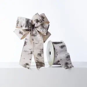 Gray, Black & White Glittered Birch Print Hand-Tied Loop Bow & Ribbon