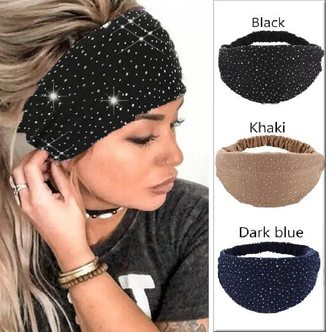 Women's Sparkling Rhinestone Dots Wide Stretchy Headbands Set (3-Pcs) - Solid Color Soft Elastic Hair Accessories for Yoga, Bridal Events, Everyday Wear (Black, Khaki, Dark Blue)