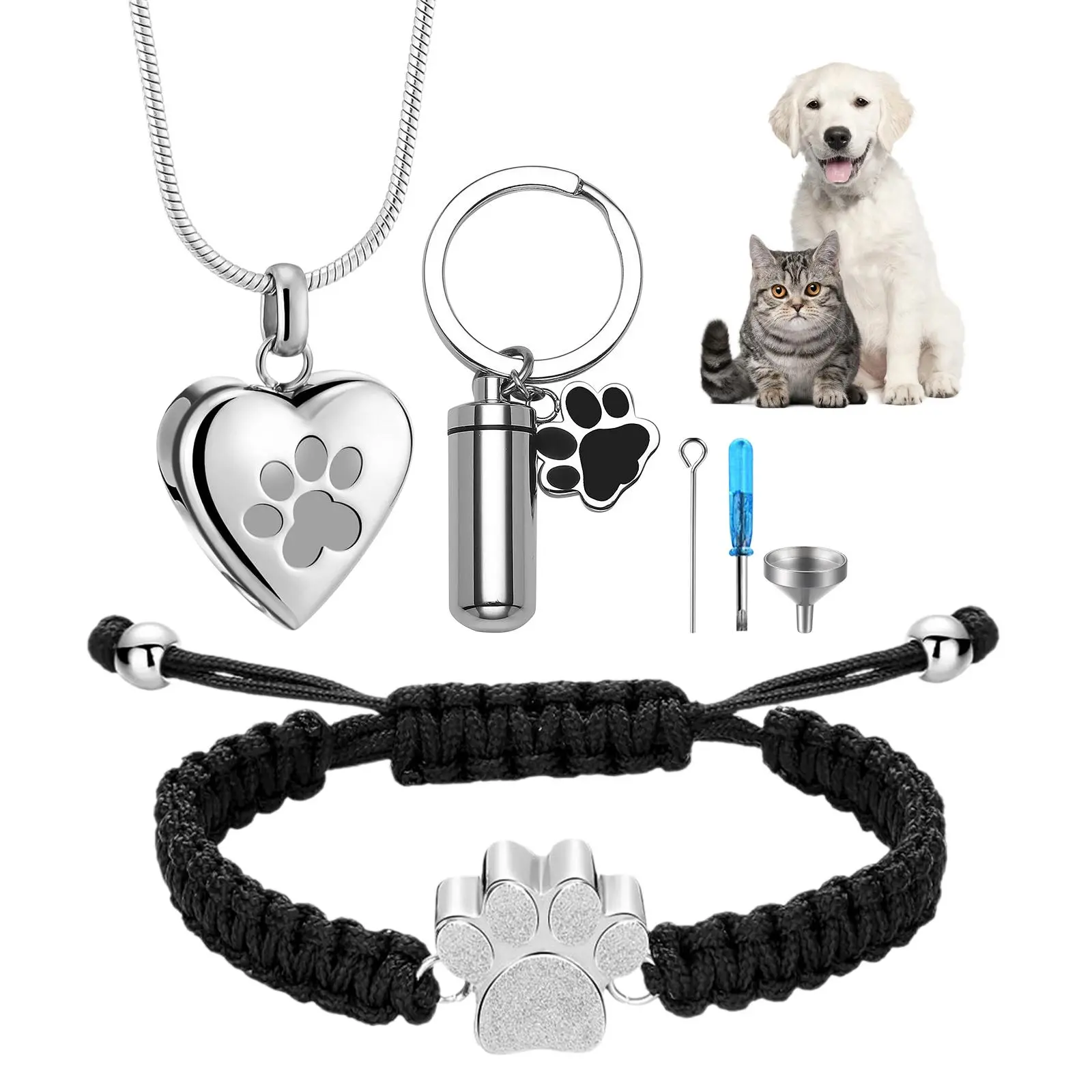 Memorial Jewelry Set for Pet Lovers, Stainless Steel Heart Locket, Adjustable Paw Print Bracelet with Durable Nylon Cord & Keychain for Ashes, Adjustable Bracelet, Hypoallergenic, Healing, Remains