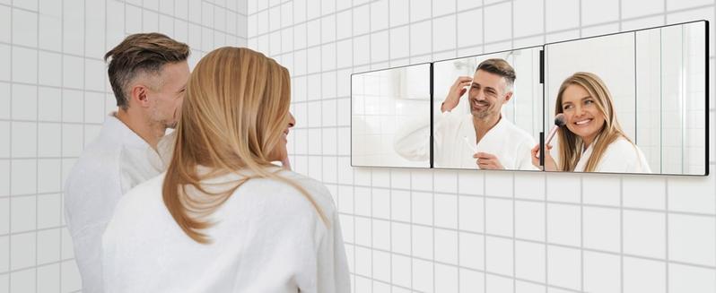 3 Way Mirror for Hair Cutting, Three Way Mirror for Shaver and Makeup, Height Adjustable with Two Hold Nails, 360 Viewing Angle, Clear Anti-Fog HD Glass