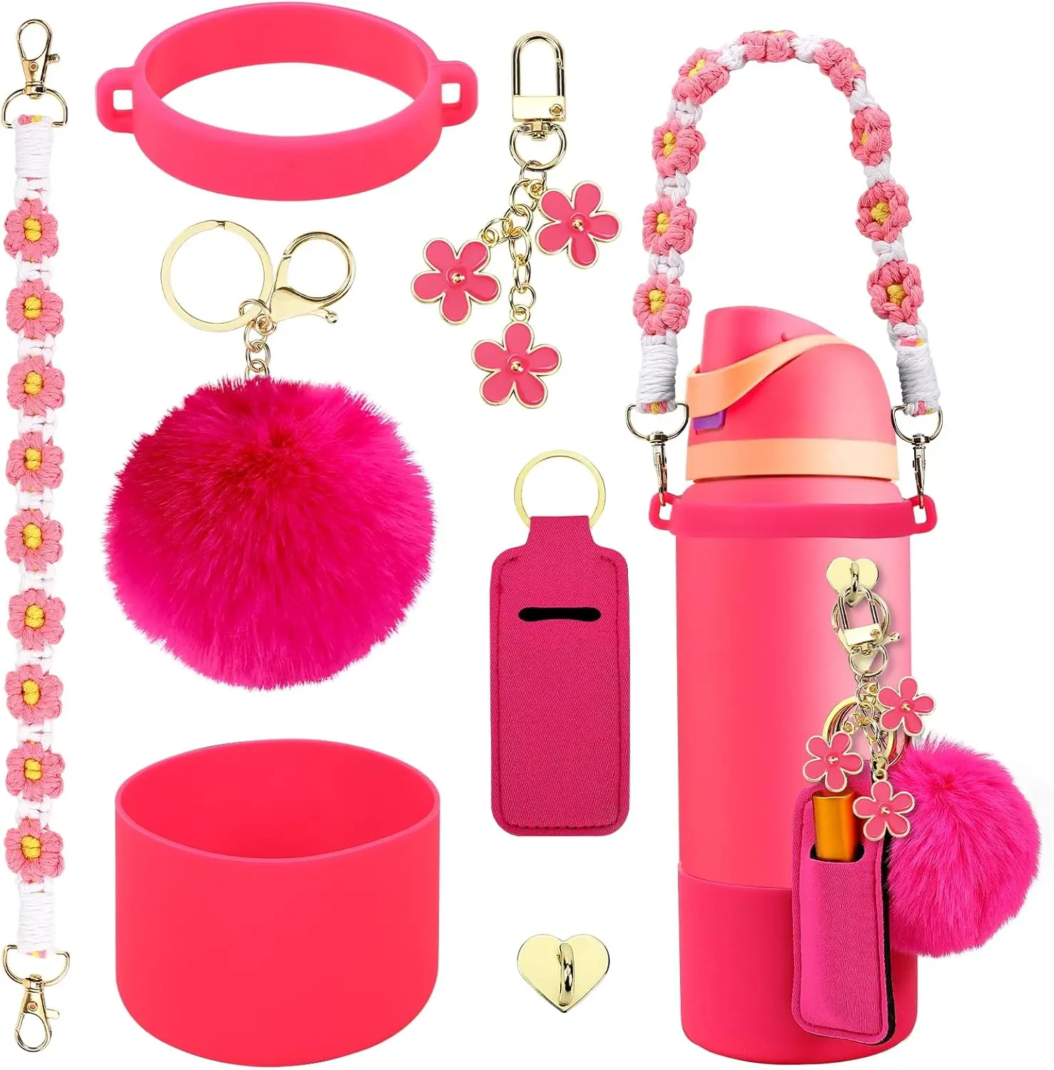 Fashionable Durable Hydration Drinkware Accessories Bundle: 24-oz & 32-oz Bottle Boot, Charms, Handle, Strap, Secure Grip Rubber Bottoms & Decorative Add-Ons for Hot Drinks, Stylish