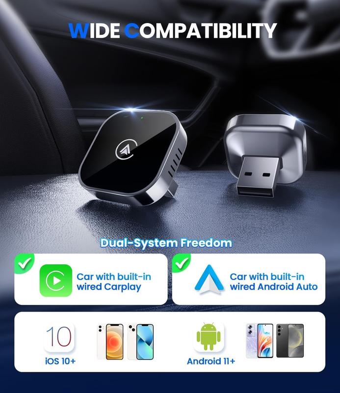 Mini Wireless CarPlay Adapter – Fast Auto-Connect, Plug & Play, USB/USB-C Compatible | Compact Matte Black,2 in 1 Wireless CarPlay and Android Auto Adapter