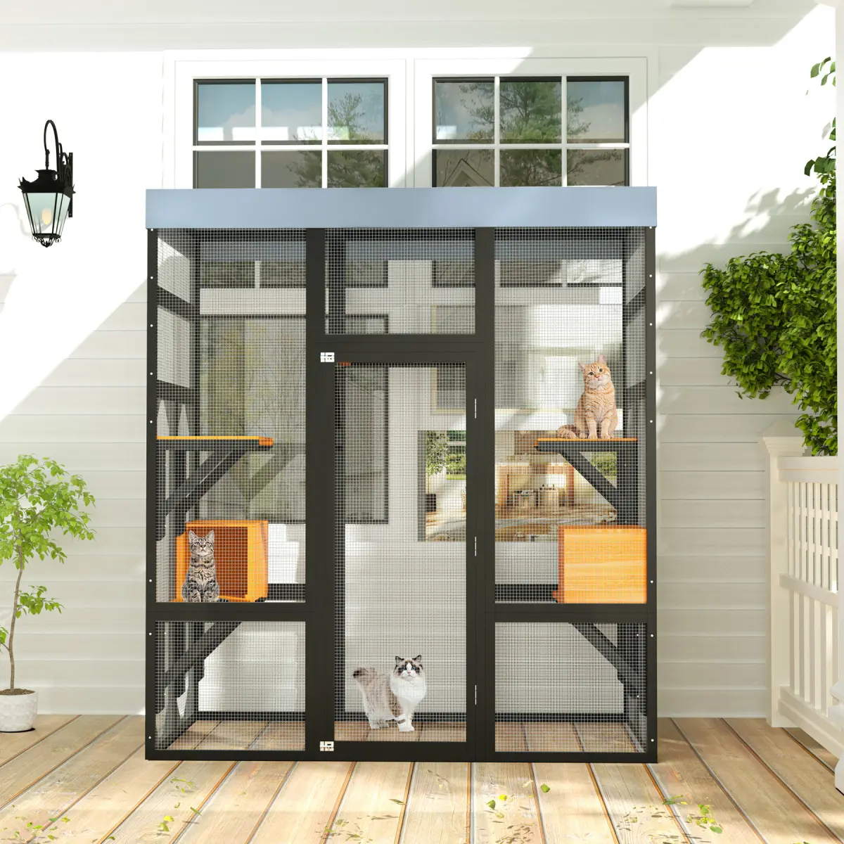 [Bellemave] 62.6" Black Wooden Catio for Cats, Large Cat Enclosure with Waterproof cover, 2 Napping House, Platforms & Galvanized Metal Wire – Secure Pet Cage Shelter Animal Indoor Outdoor Kennel