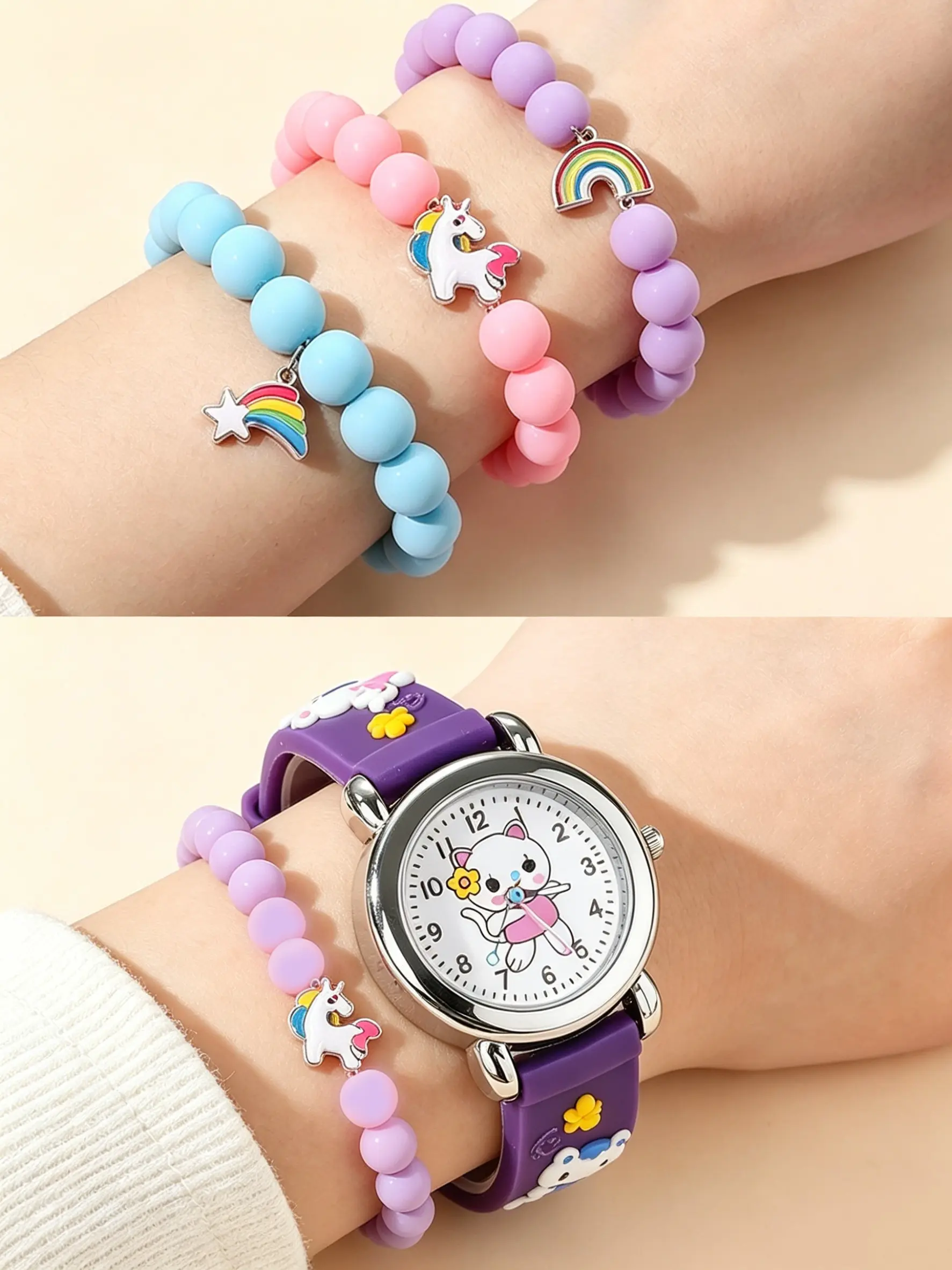 4-Piece Set Cute Cartoon Silicone Cat Kitty Watch Kit, Colorful Unicorn Pendant Rainbow Bracelet, Holiday Gift for All Seasons