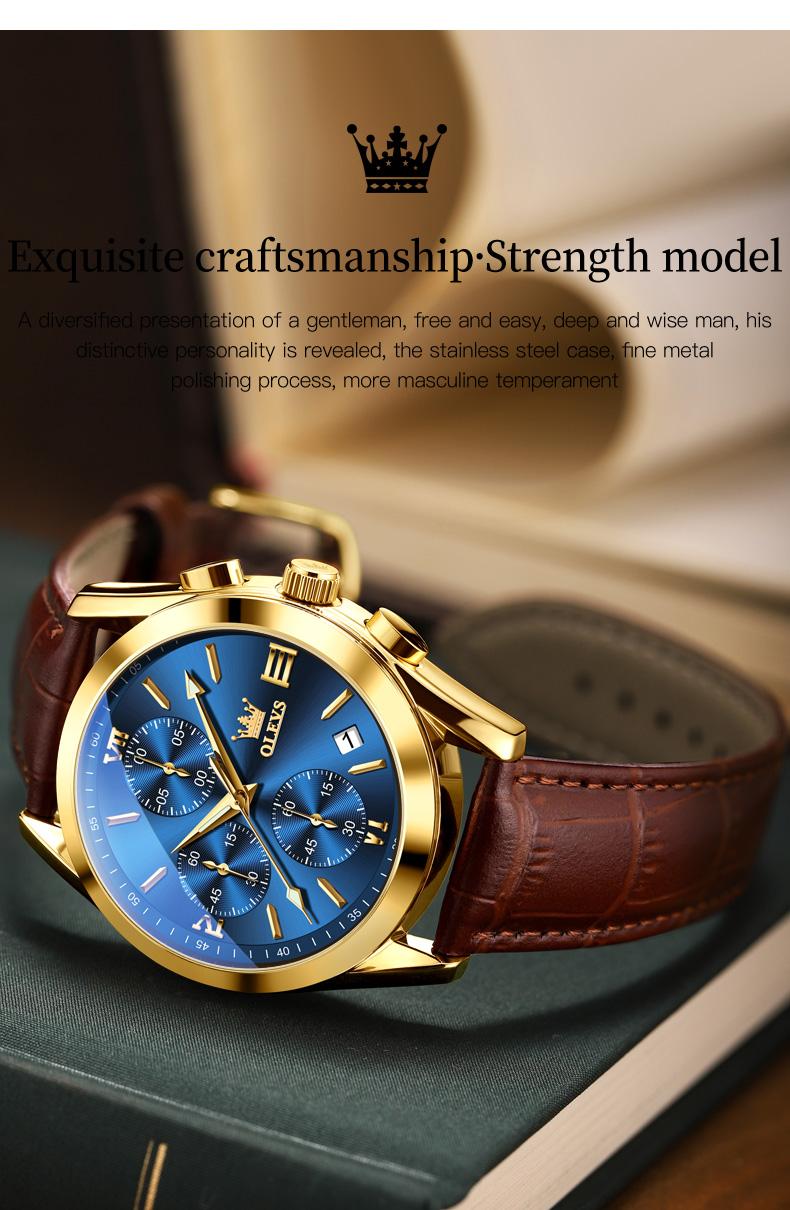 【Valentines Gift Ideas For Boys】OLEVS Watch for Men Leather Casual Chronograph Analog Dress Strap Waterproof Luminous Fashion Easy to Read Gold Case Mans Watches