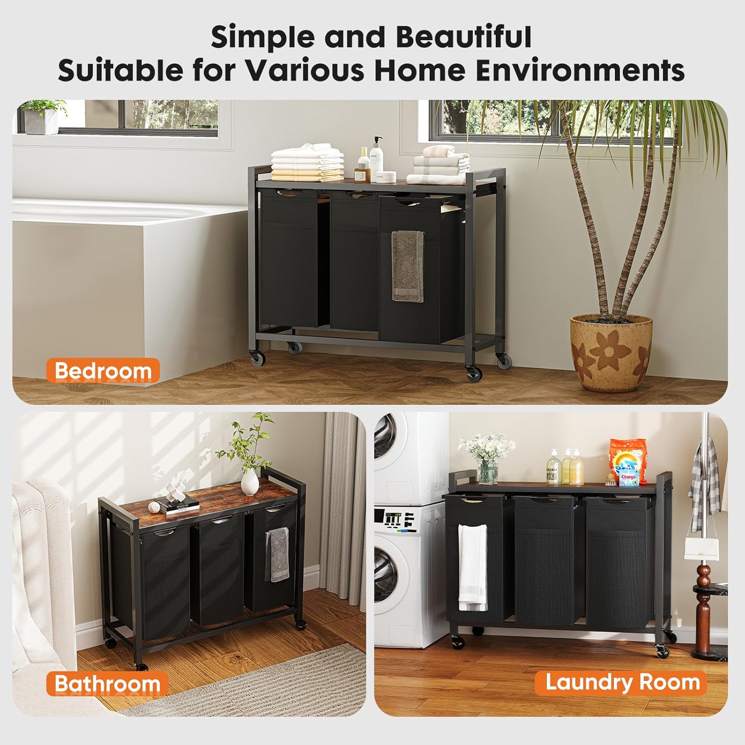 Laundry Hamper with Pull-Out Removable Sorter Bags Large Capacity and Movable Wheels,Freestanding Clothes Basket Organizer for Bathroom