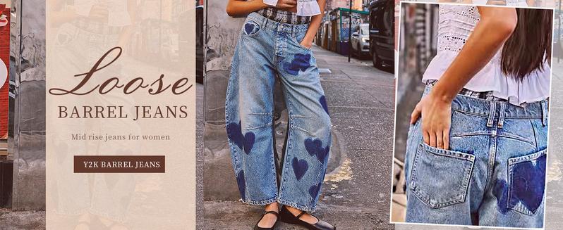 Chouyatou women's casual printed horseshoe jeans Y2k loose mid-rise versatile jeans