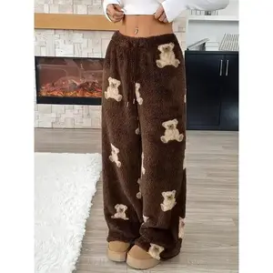 Women's Warm Long Pants - Elastic Waistband Thickened Winter Pants, Brown and White Bear Pattern - High Elasticity Home Casual Pants, Suitable for Cold Weather, Office Outings - Machine Washable Comfortable Loungewear, Loose Design, Fleece Lined