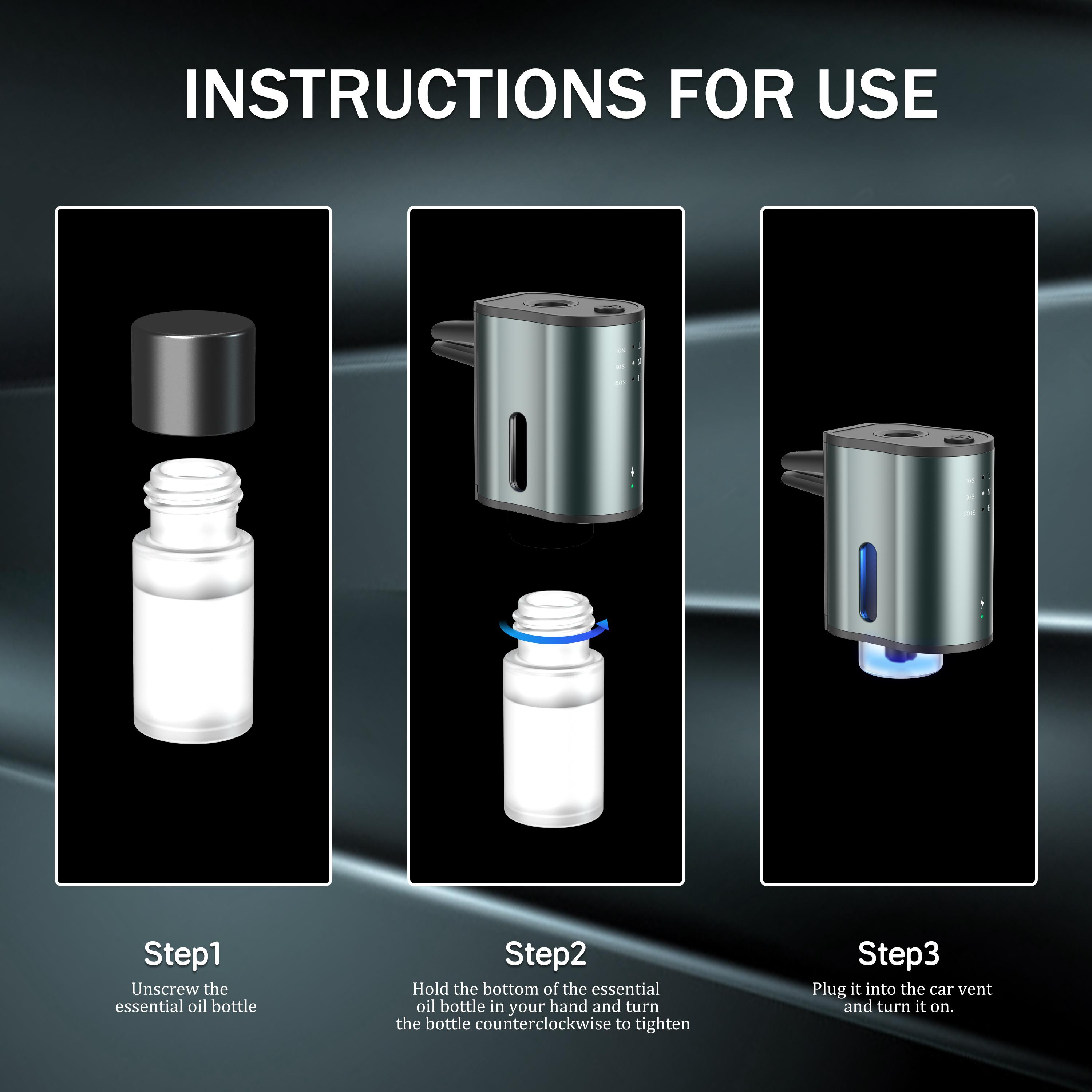 Smart Car Air Freshener: Three-Level Scent Control, Portable Waterless Diffuser, Aromatherapy with 3*10ML Natural Scents