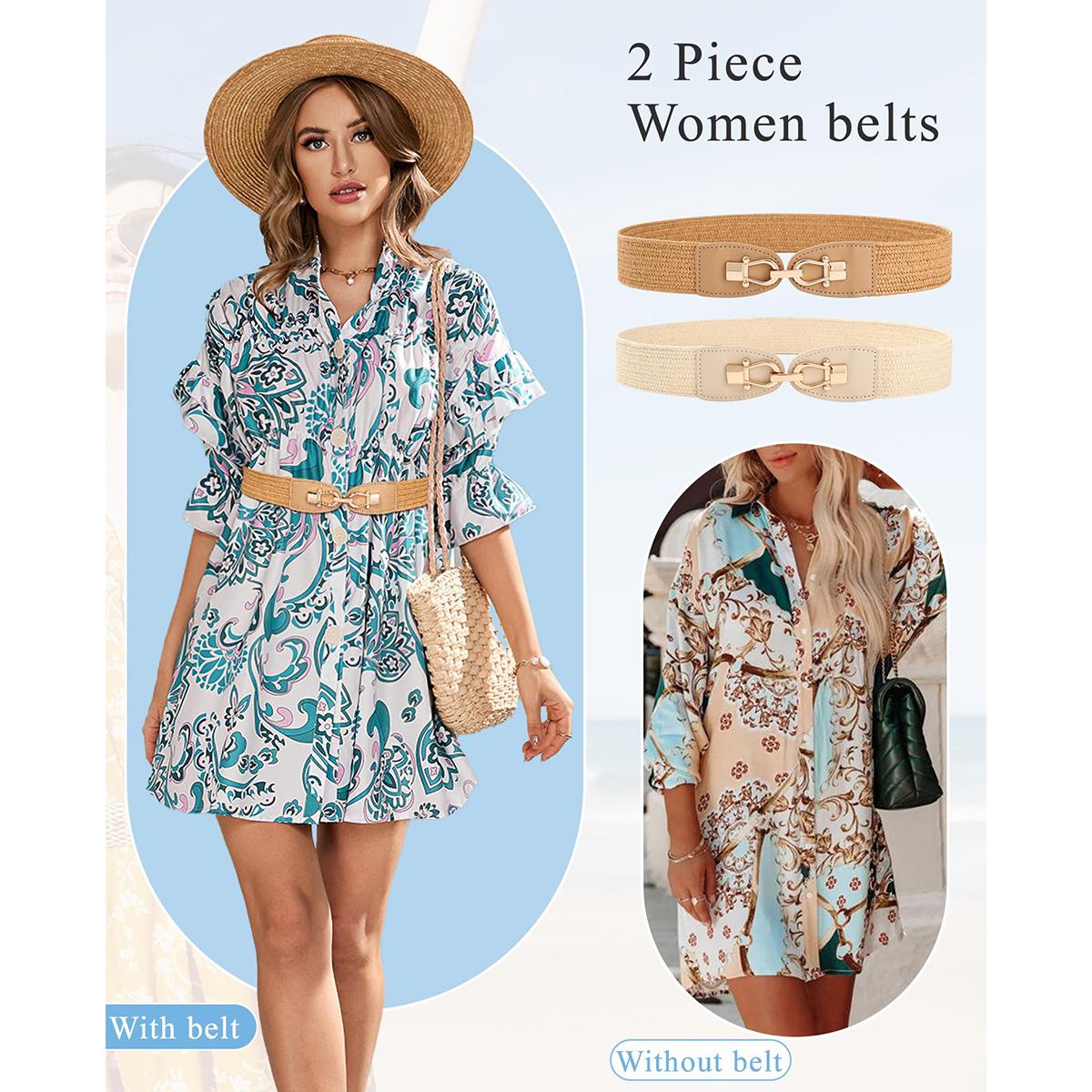 AWAYTR Women Boho Braided Belt Elastic Waist Ladies Straw Belts Metal Buckle Breathable Belt for Dress 2Pcs/Set TikTokShopBlackFriday