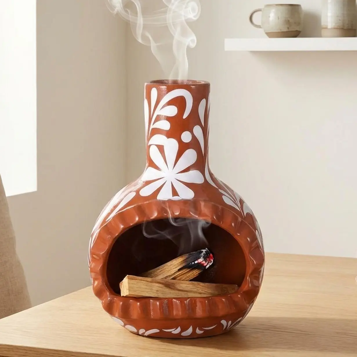 Terracotta Palo Santo Holder Burner Mini Chimenea Incense Dish, Smoke Funnel & Ash Catcher for Altar Meditation Yoga, Rustic Boho Mother’s Day Gift