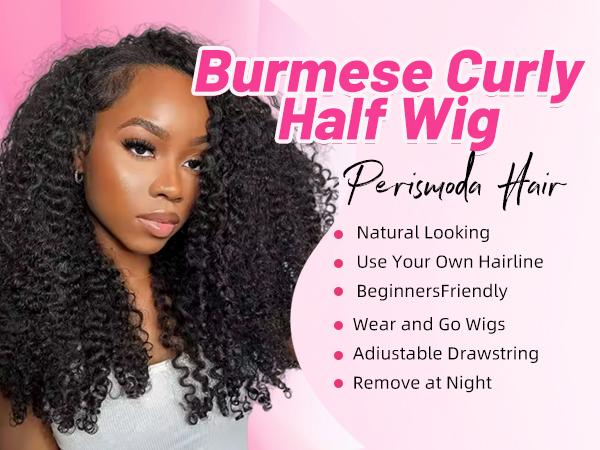PerisModa 15A Half Wig Human Hair 200% Density Burmese Curly Glueless Wigs Human Hair with Spiral Curly End 3 IN 1 Kinky Curly Human Hair Half Wig With Drawstring Beginner Friendly Curly Wig For Women Seamless Clip Ins Flip Over Natural Color 14-30 Inch