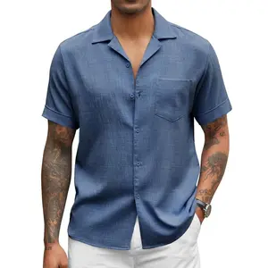 Men's casual short sleeved button up shirt with Cuban linen texture, summer beachwear