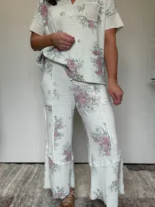 Mint Floral Print Washed Waffle Pants by Easel