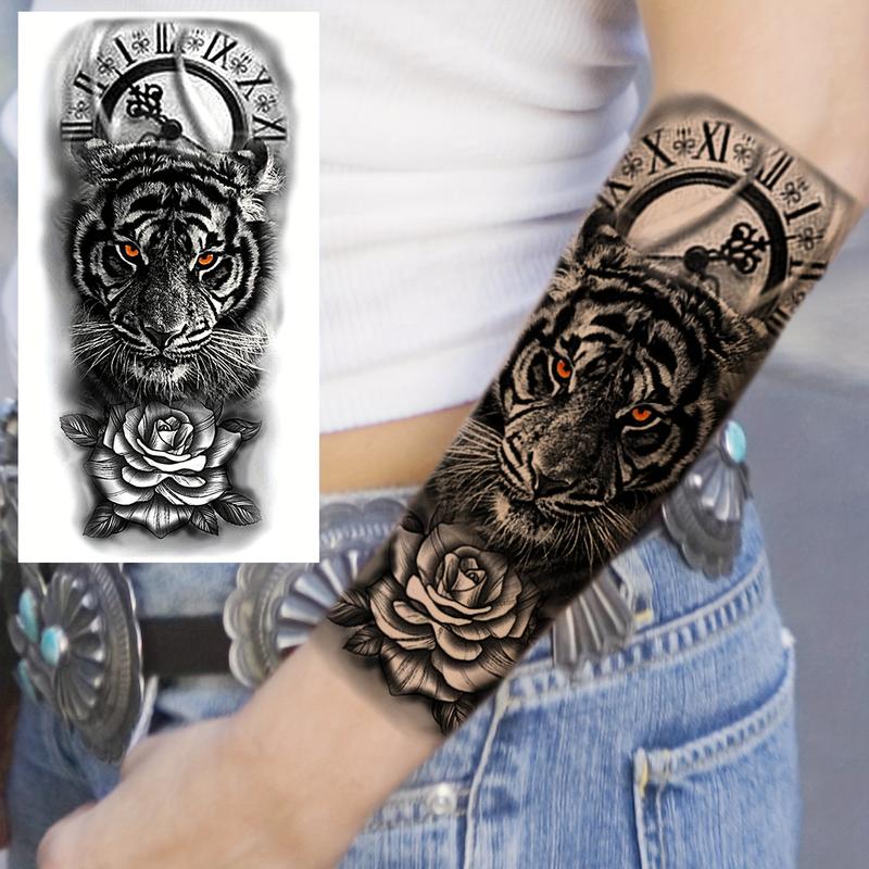 Rechal 8 Sheets Realistic Tribal Large Tiger Temporary Tattoo Stickers For Women Adults, Half Arm Sleeve Tattoos For Men, 3D Black Tiger Compass Flower Tattoos Decals