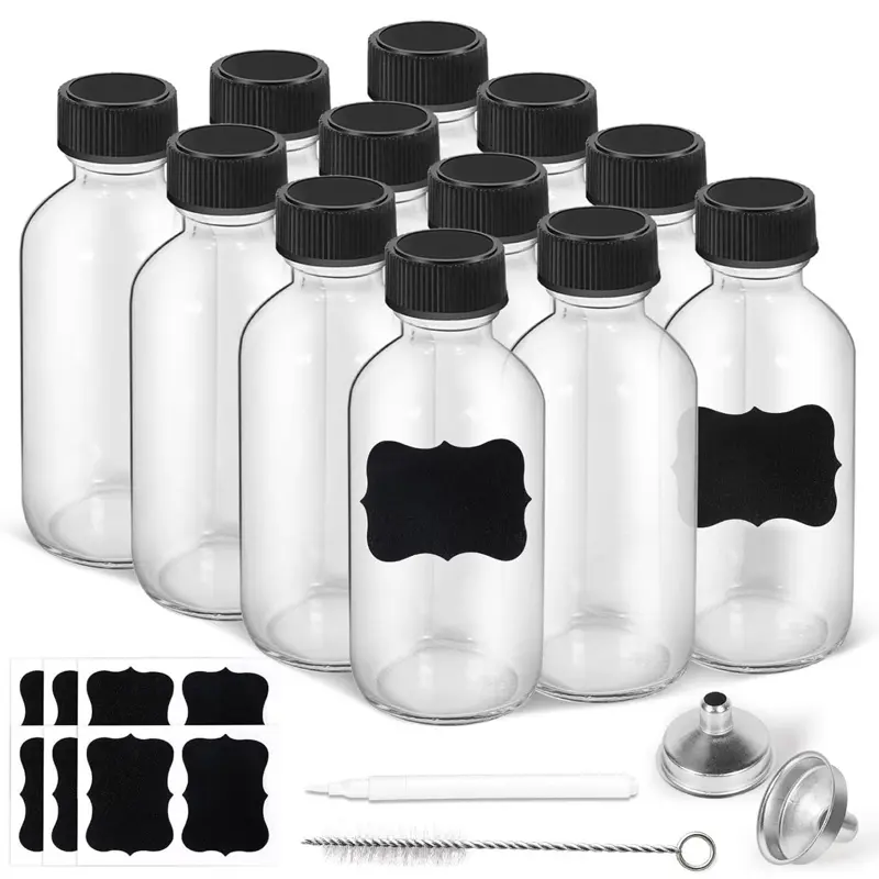 12 Pack, 2 oz Small Clear Glass Bottles with Lids & 3 Stainless Steel Funnels - 60ml Boston Sample Mini Travel Essential Bottles for Potion, Juice, Wellness, Ginger Shots, Beverage Dec