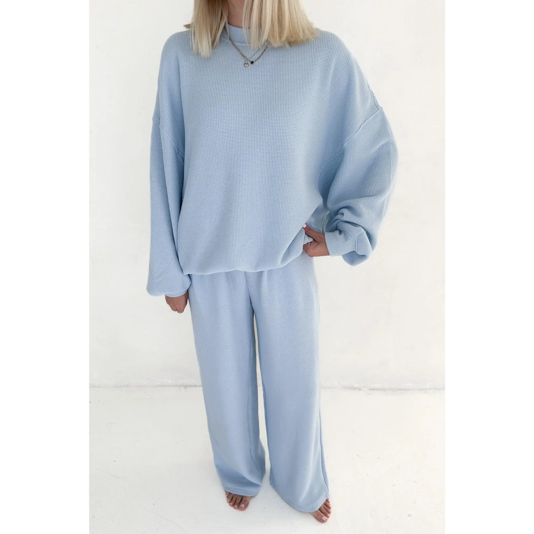 Sundays Waffle Knit Straight Leg Pants in Powder Blue