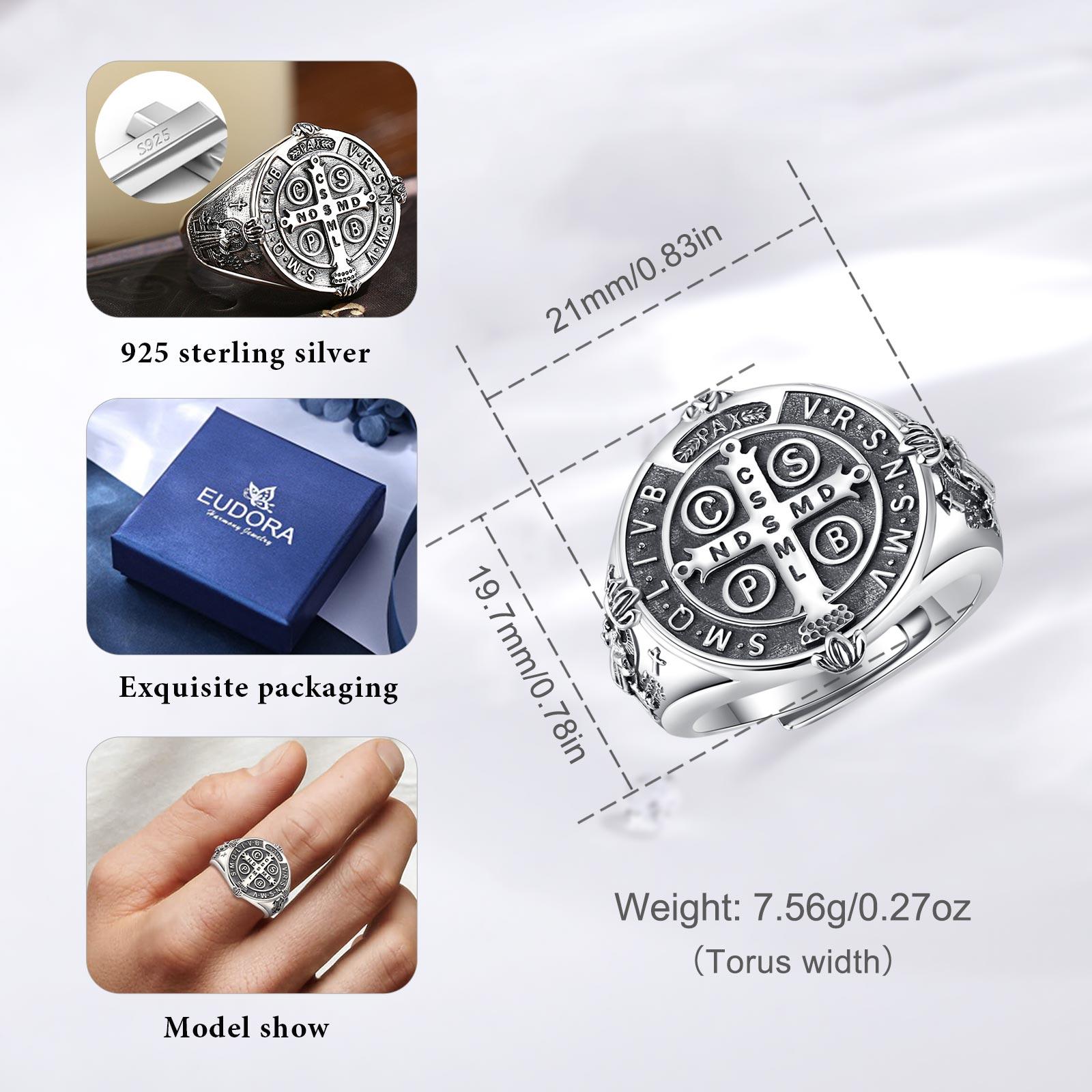 Eudora S925 Sliver Vintage Saint Benedict Ring, Adjustable St.Benedict Open Ring, Unisex Band with Benedictine Cross & Latin Inscriptions, Christian Jewelry Gift