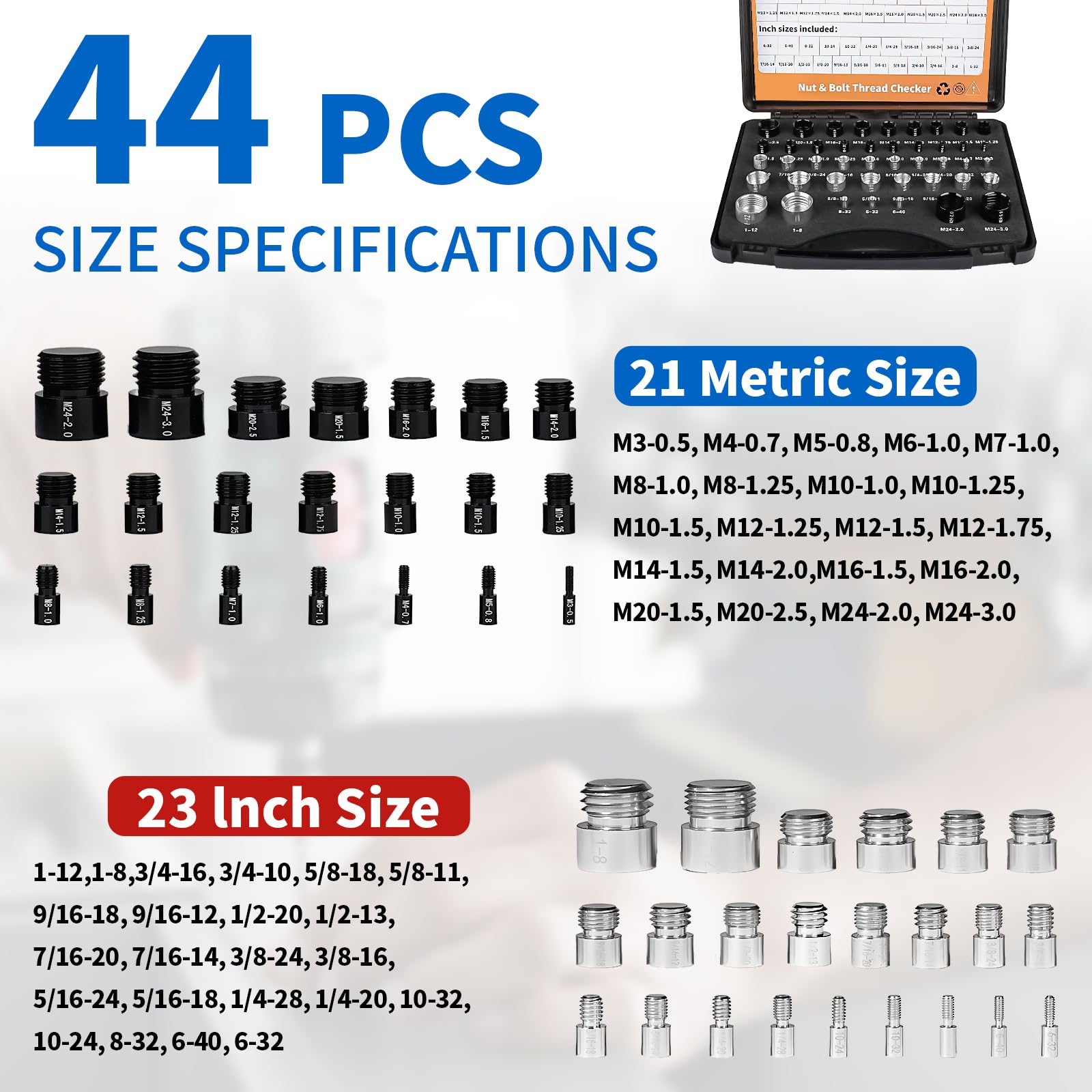 44Pcs Alloy Nut and Bolt Thread Inspector Charge-Free Thread Gauge Metric SAE Size Identification Tool for Inspection of Fixed Bolts or Threaded Holes Multi-Size Nut and Bolt Identifier with Ruler Durable Washable Aluminum Gauge Industrial Measurement