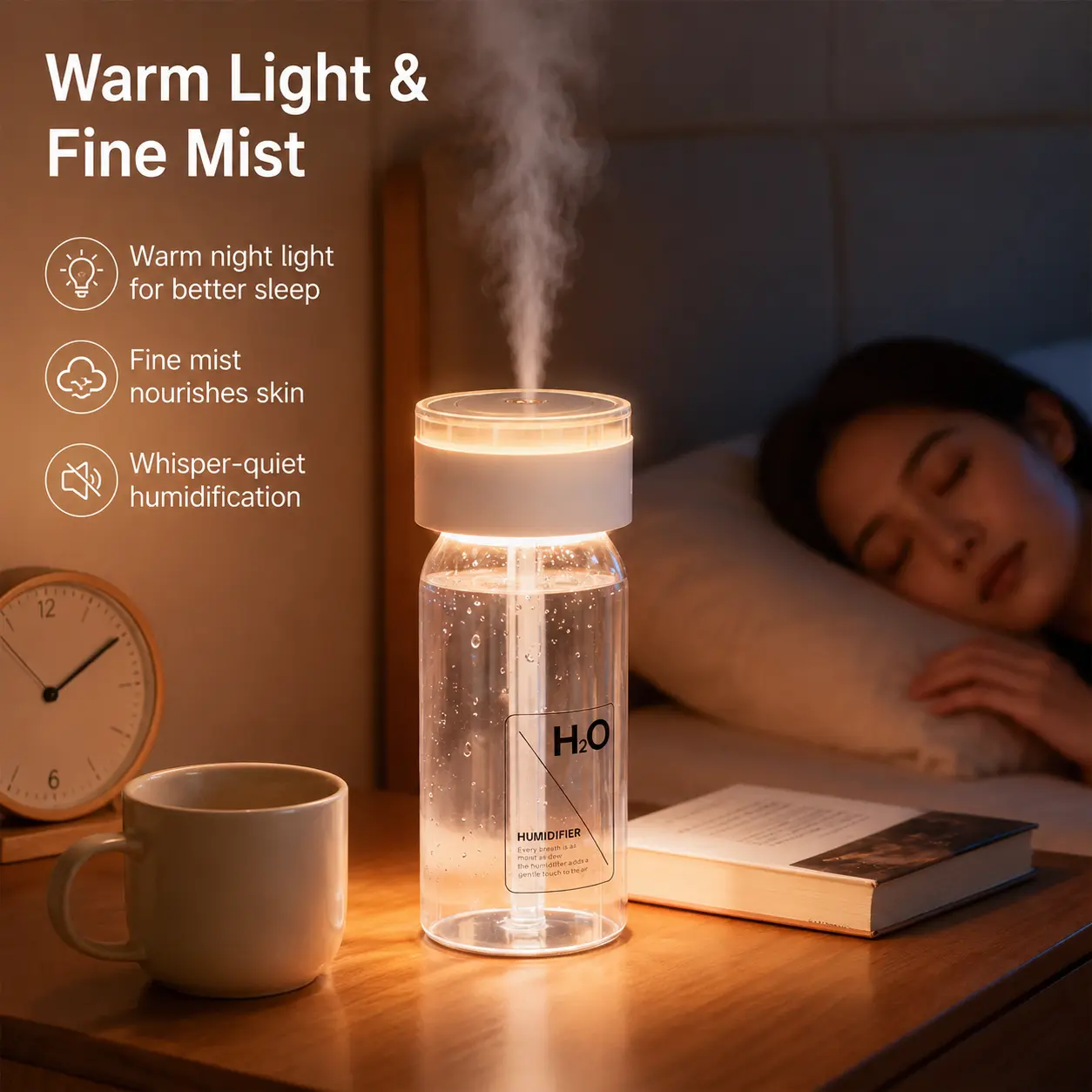 Portable Electronic Humidifier (1 Count) - Long-Lasting, Fine Mist, Nightlight, USB Rechargeable with USB-C Charger, Transparent Cup, Travel-Ready Size, Slip-In Carry Bag, Car Cup Holder-Fit, Solves Humidity Problems, Light Up Your Space, Portable Humidif