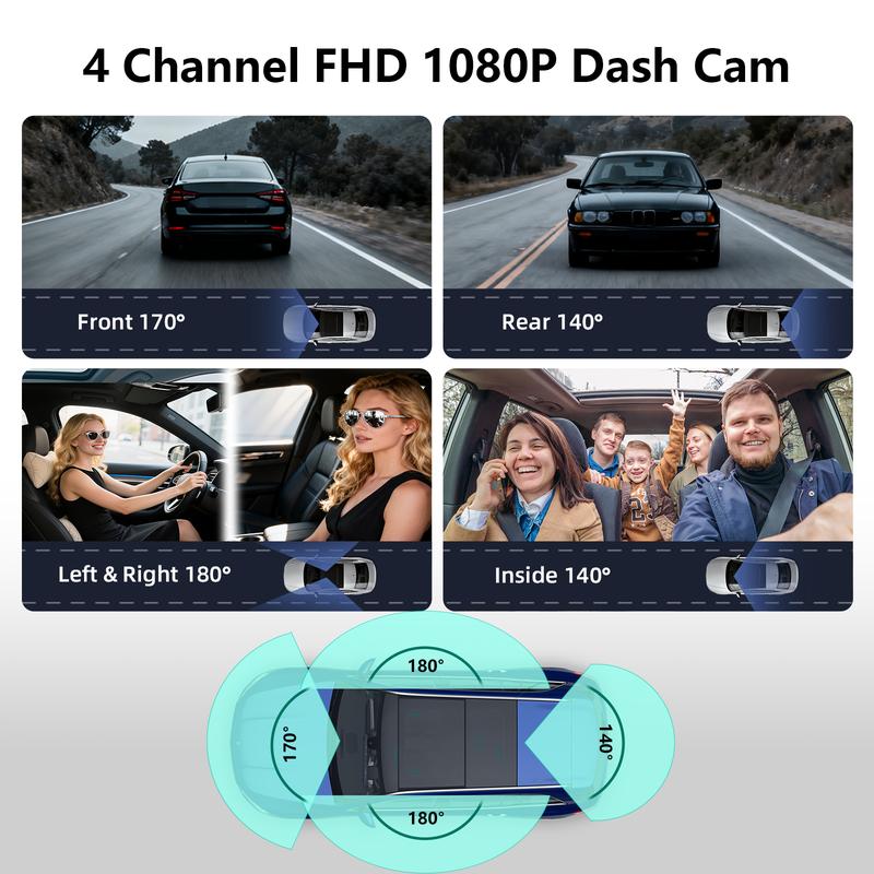 4-Channel Car Dash Cam, 1080P Car DVR with 64GB Memory Card, Night Vision Vehicle Surveillance, 24/7 Parking Mode, HD Screen, Front/Rear/Left/Right Dashcam